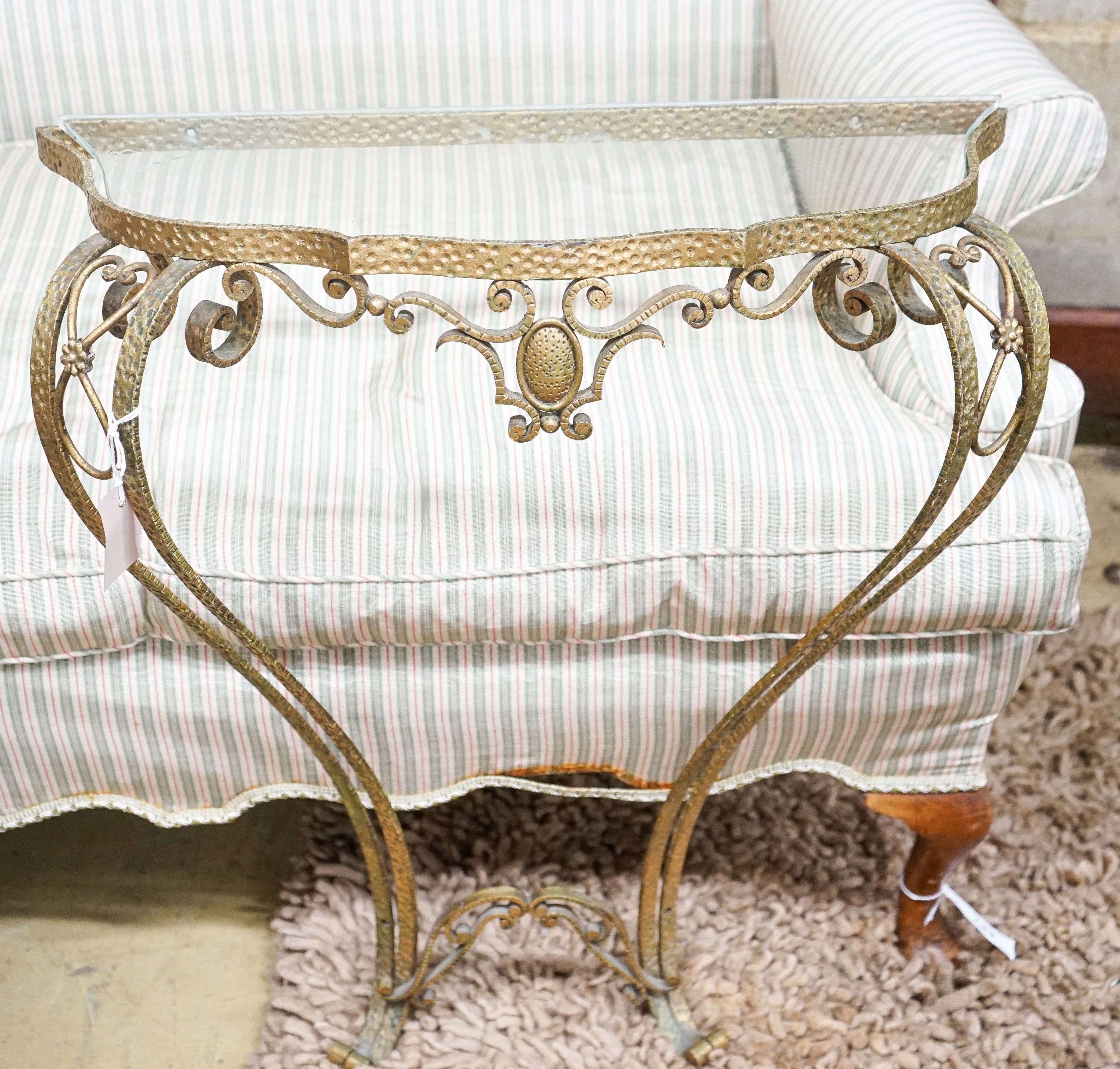 A mid 20th century gilt metal marble glass top console table, width 58cm, depth 23cm, height 74cm